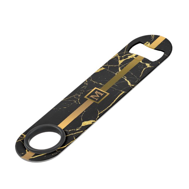 Elegant Modern Monogrammed Marble Black Gold (Front Angled)
