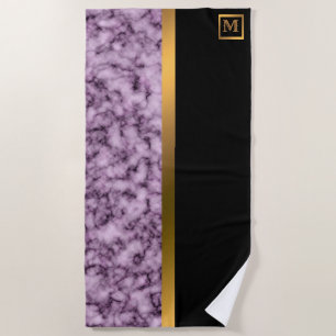 Elegant Modern Monogrammed Marble Black Gold Beach Towel