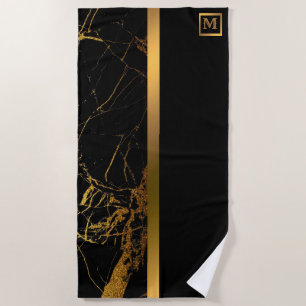 Elegant Modern Monogrammed Marble Black Gold Beach Towel