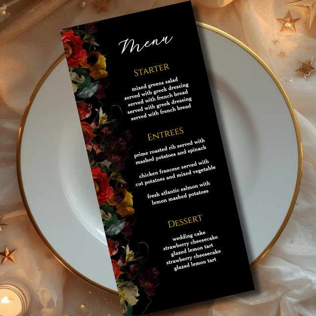 Elegant modern moody flowers wedding menu (Creator Uploaded)