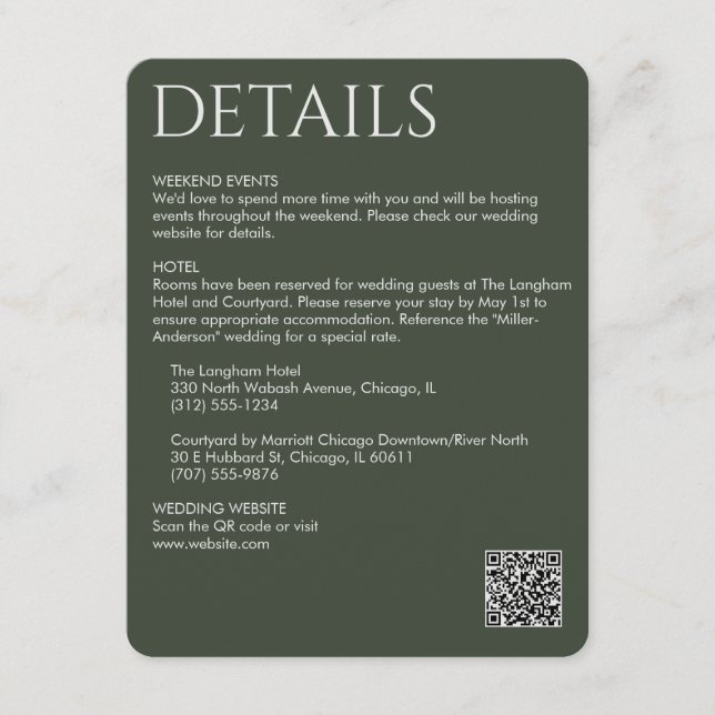 Elegant Modern Moss Green Details Enclosure Card (Front)