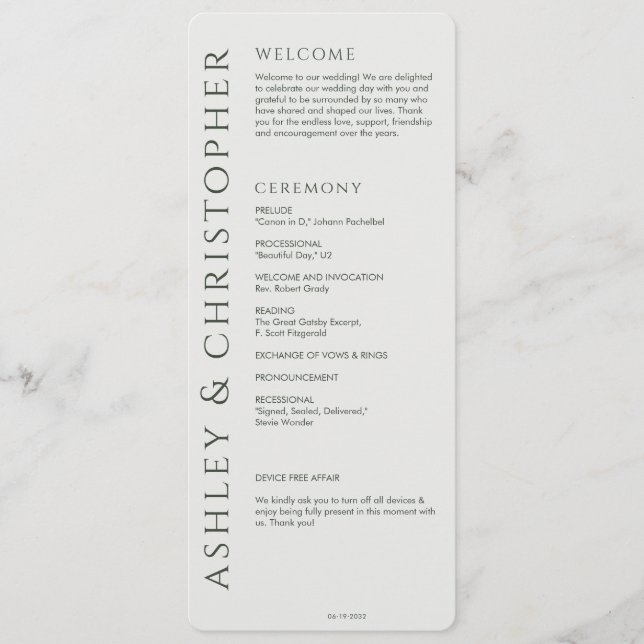 Elegant Modern Moss Green Wedding Programme (Front)