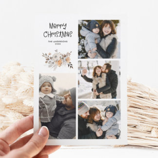 Elegant Modern Multi Photo Botanical Watercolor Holiday Card