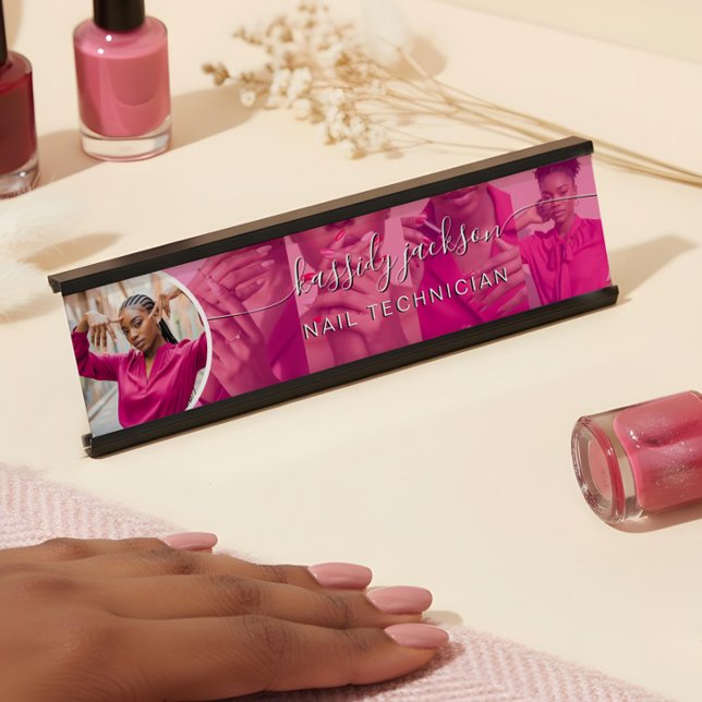 Elegant Modern Nail Technician Script Name Photo Desk Name Plate (Modern Pink Photo Collage Script Calligraphy Name Desk Name Plate)