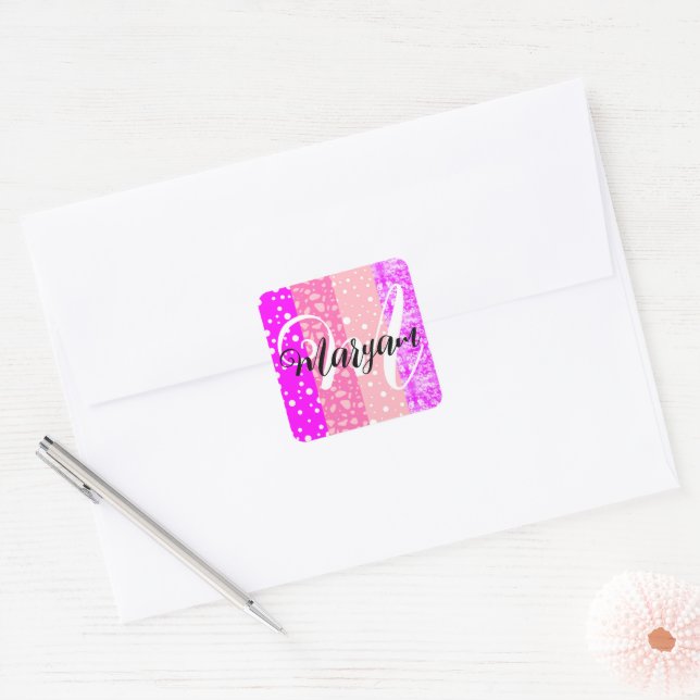 Elegant Modern Name Monogram Pastel Pink  Square Sticker (Envelope)