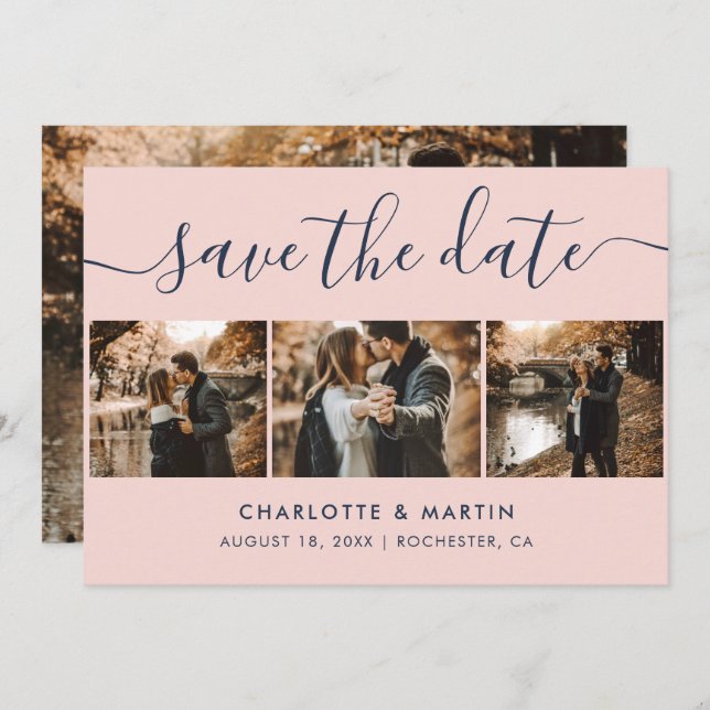 Elegant Modern Navy Blue and Blush Wedding 4 Photo Save The Date (Front/Back)