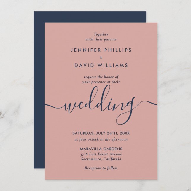 Elegant Modern Navy Blue and Blush Wedding Invitation (Front/Back)