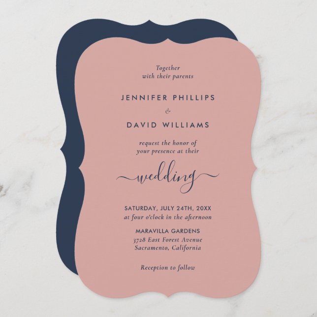 Elegant Modern Navy Blue and Blush Wedding Invitation (Front/Back)