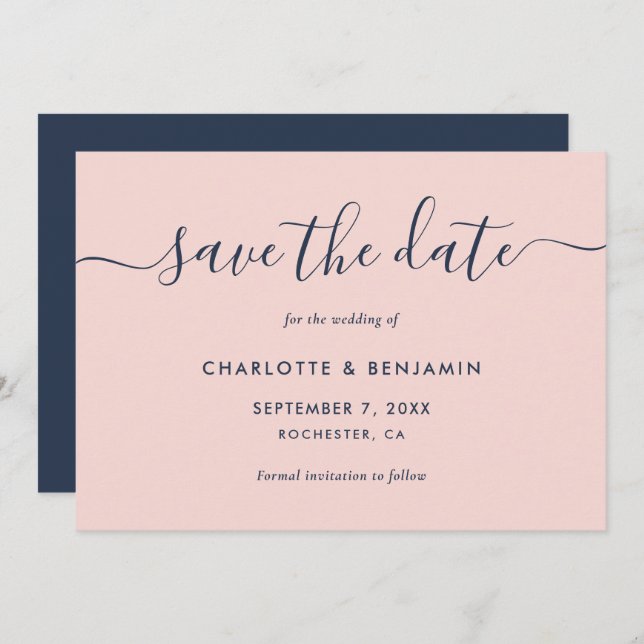 Elegant Modern Navy Blue and Blush Wedding Save The Date (Front/Back)