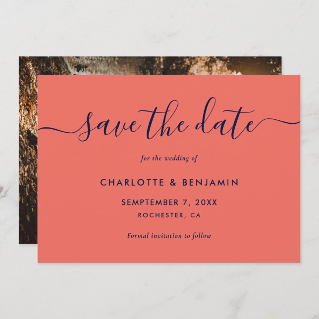 Elegant Modern Navy Blue and Coral Photo Announcement (Front/Back)