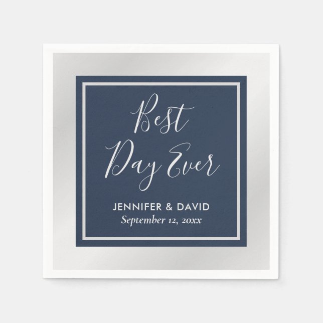 Elegant Modern Navy Blue and Silver Wedding Napkin (Front)