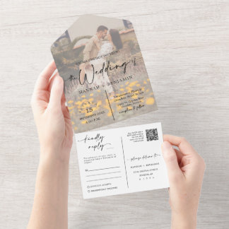 Elegant Modern Navy Blue Boho Arch QR Code Photo  All In One Invitation