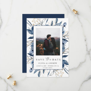 Elegant Modern Navy Blue Botanical Photo Wedding Save The Date