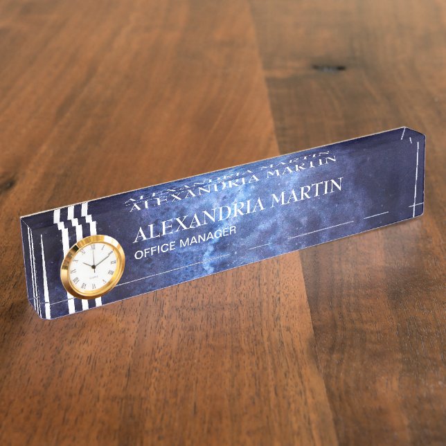 Elegant Modern Navy Blue Desk Name Plate (Side)