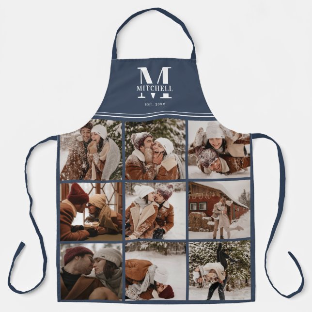 Elegant Modern Navy Blue Family Photo Collage Apron (Front)