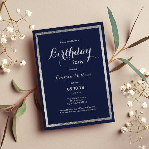 Elegant modern navy blue faux silver Birthday Invitation