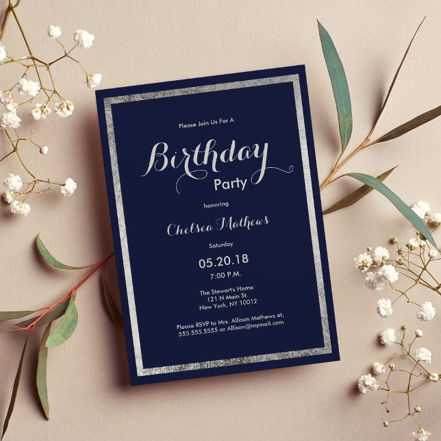 Elegant modern navy blue faux silver Birthday Invitation (Elegant modern navy blue faux silver Birthday Invitation)