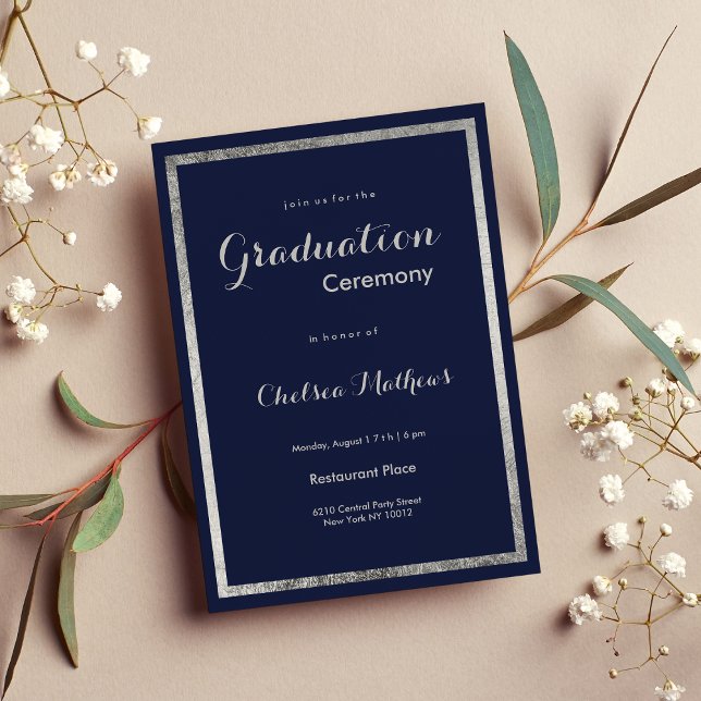 Elegant modern navy blue faux silver Graduation Invitation (Elegant modern navy blue faux silver Graduation Invitation)