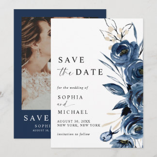 Elegant Modern Navy Blue Floral & Photo Wedding  Save The Date