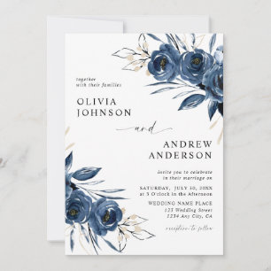 Elegant Modern Navy Blue Floral Wedding Invitation