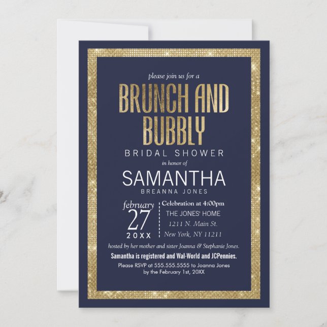 Elegant Modern Navy Blue Gold Sequin Brunch Bubbly Invitation (Front)