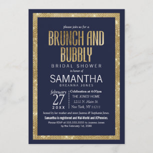 Elegant Modern Navy Blue Gold Sequin Brunch Bubbly Invitation