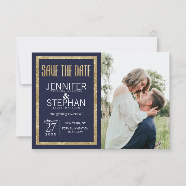 Elegant Modern Navy Blue Gold Sequin Save the Date (Front)