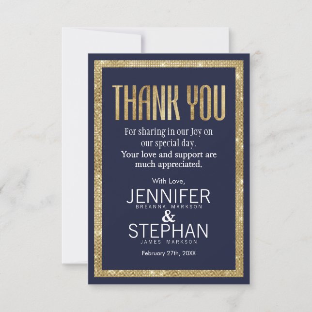 Elegant Modern Navy Blue Gold Sequin Thank You (Front)