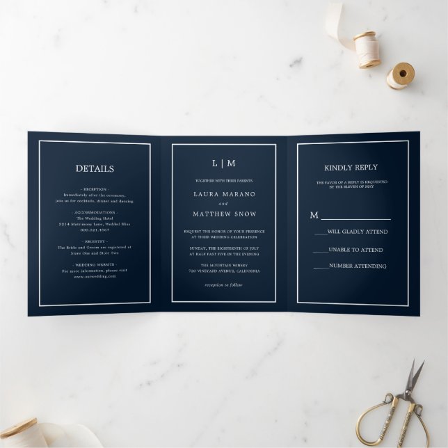 Elegant Modern Navy Blue Monogram Simple Wedding Tri-Fold Invitation (Inside)