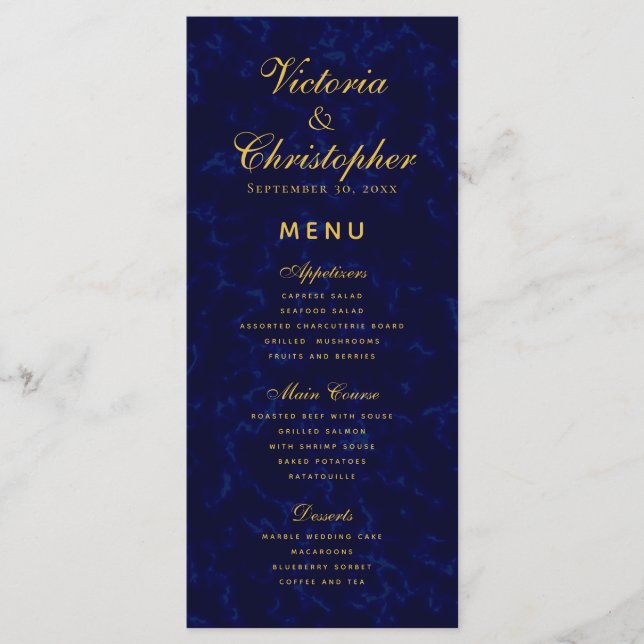 Elegant Modern Navy Blue Wedding Dinner Menu (Front)