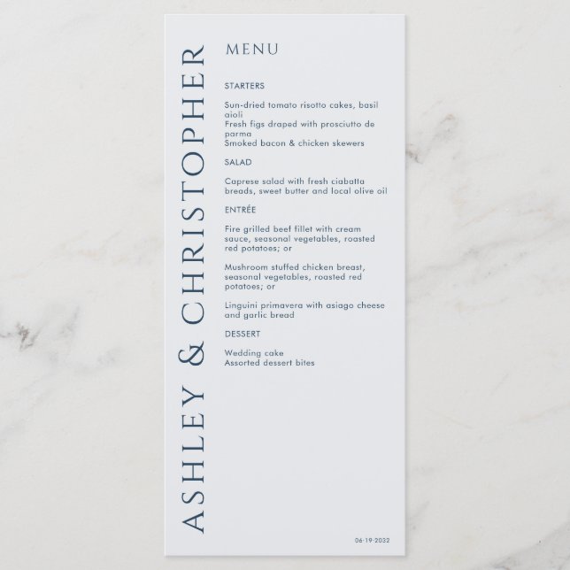 Elegant Modern Navy Blue Wedding Menu (Front)