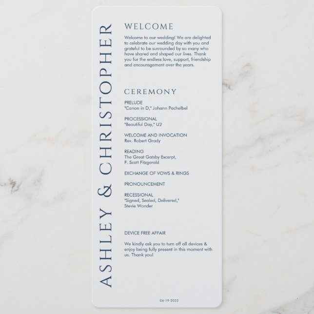 Elegant Modern Navy Blue Wedding Programme (Front)