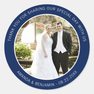 Elegant Modern Navy Blue Wedding Thank You Photo Classic Round Sticker