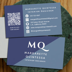 Elegant Modern Navy Blue & White Monogram Qr Code Business Card