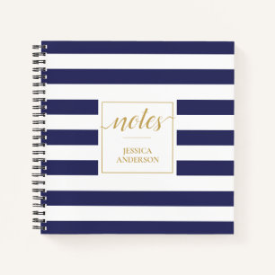Elegant Modern Navy Blue White Stripes Pattern Notebook