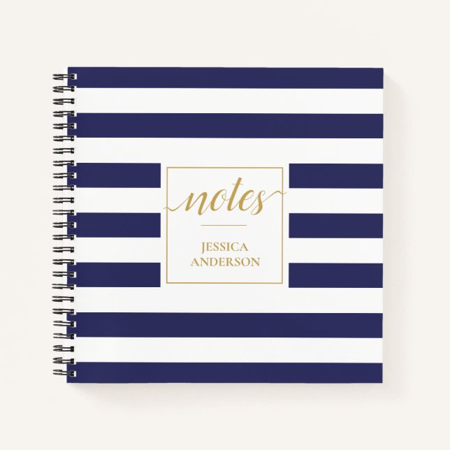 Elegant Modern Navy Blue White Stripes Pattern Notebook (Front)