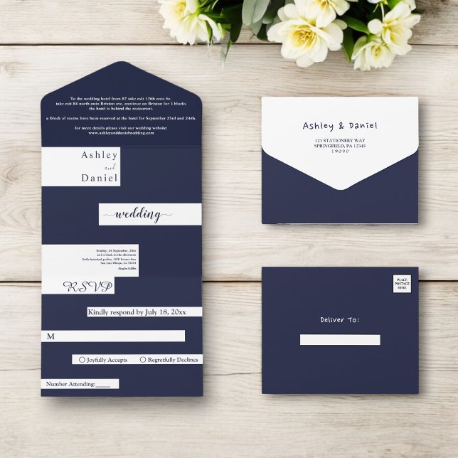 Elegant Modern Navy Blue White Stylish Wedding All In One Invitation (Creator Uploaded)