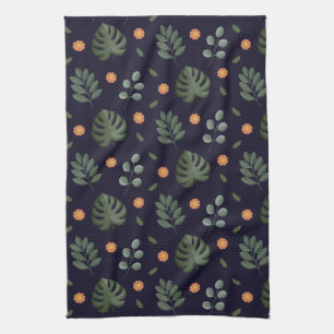 Elegant Modern Navy Botanical Leaf Floral Tea Towel