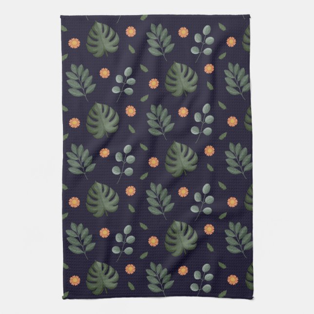 Elegant Modern Navy Botanical Leaf Floral Tea Towel (Vertical)