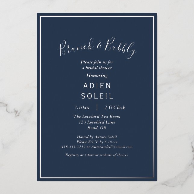 Elegant Modern Navy Silver Brunch and Bubbly (Front)