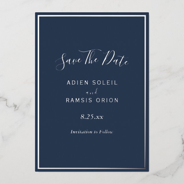 Elegant Modern Navy Silver Foil Save The Date Card (Front)