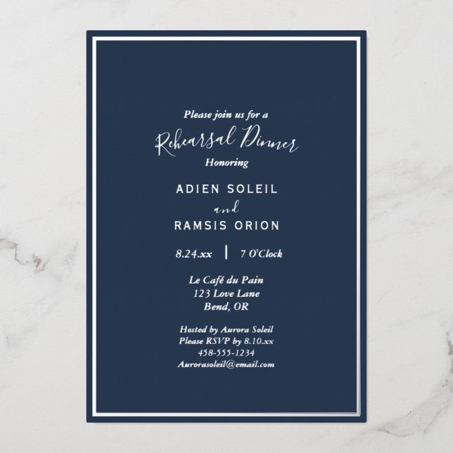 Elegant Modern Navy Silver Rehearsal Dinner (Front)