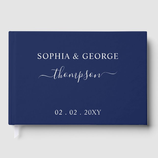 Elegant Modern Navy Silver Wedding Guest Book (Front)