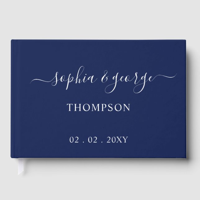 Elegant Modern Navy Silver Wedding Guest Book (Front)