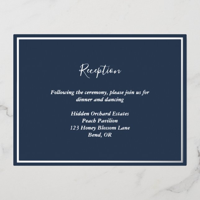 Elegant Modern Navy Silver Wedding Reception Card (Front)