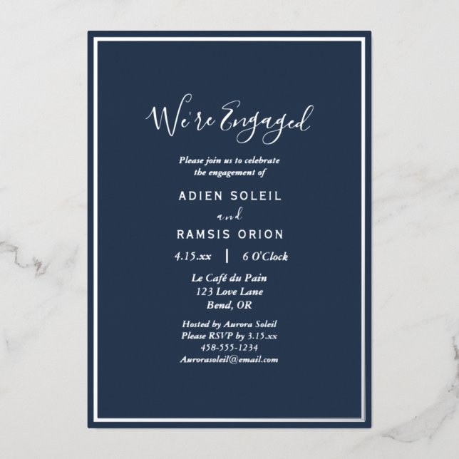 Elegant Modern Navy Silver We're Engaged Party (Front)