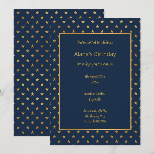 ELEGANT MODERN NAVY STAR GOLD INVITATION (Front/Back)