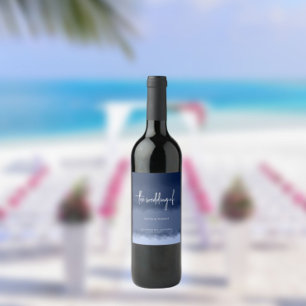 Elegant Modern Navy Stripes Beach Wedding Wine Label