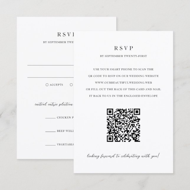 Elegant Modern Neutral QR Code Wedding RSVP Card (Front/Back)