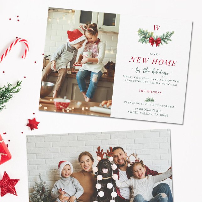 Elegant Modern New Home Family Monogram 2 Photos Holiday Card (new home address family holidays card two photos red green botanical spruce bow elegant modern chic)